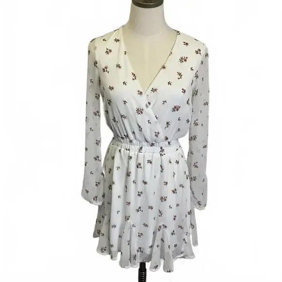 Trixxi Women's Size Small White Floral Long Sleeve V Neck Faux Wrap Dress - Picture 1 of 14
